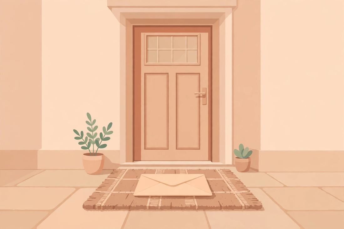 Envelope fechado sobre o tapete da porta de entrada de uma casa, visto do chão.