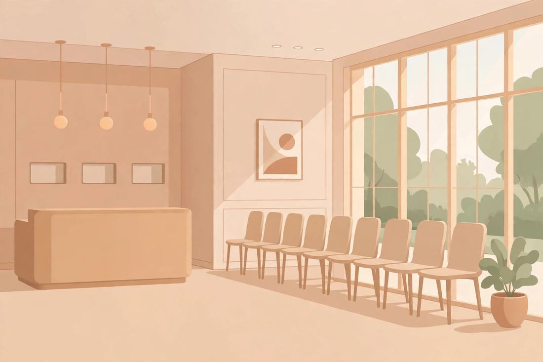 Sala de espera vazia de um banco, com cadeiras enfileiradas, vista ampla.
