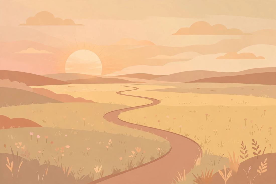 Nascer do sol sobre um campo com caminho sinuoso, vista ampla.