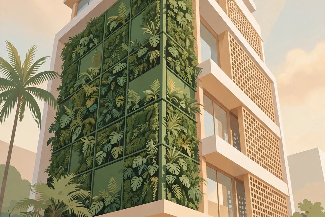 Edifício moderno com fachada verde de plantas em uma rua, visto de baixo, de manhã.