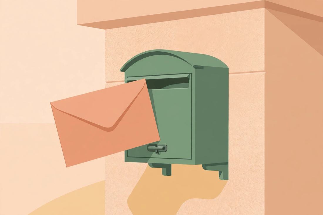 Envelope fechado entrando em uma caixa de correio verde na parede de uma casa, em close.