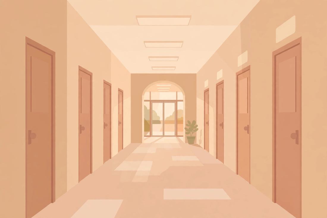 Corredor vazio de um hospital, com portas dos dois lados, em perspectiva.