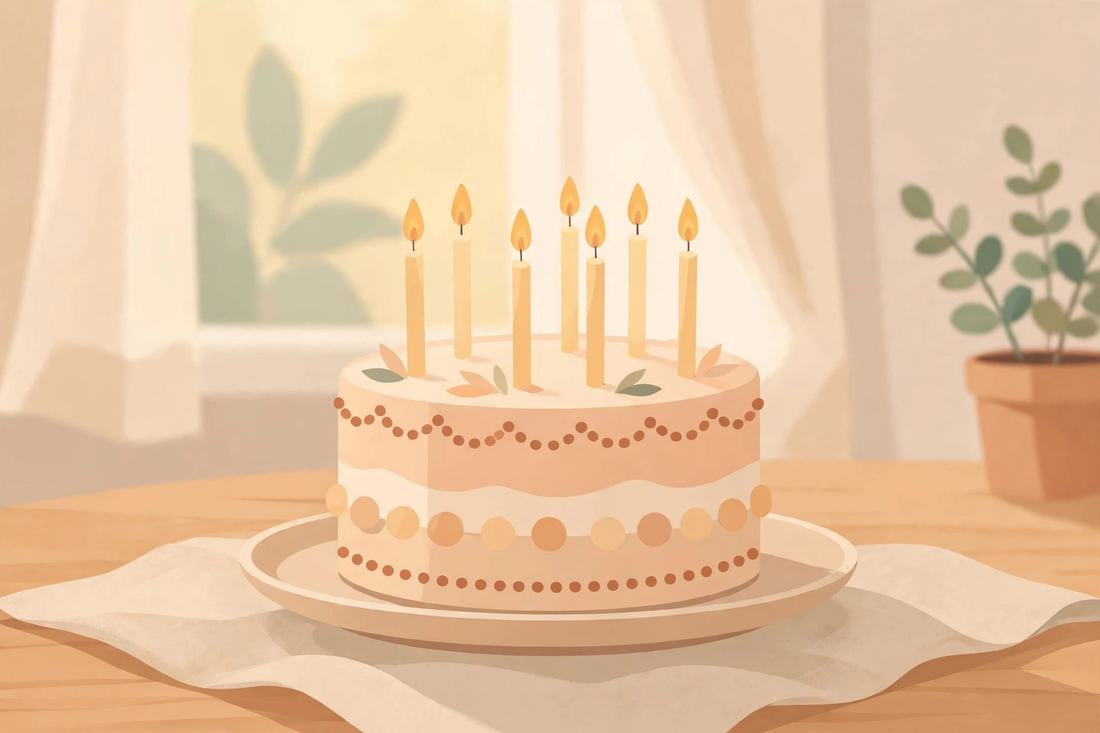 Bolo de aniversário com velas sobre uma mesa em um cômodo claro, em close.