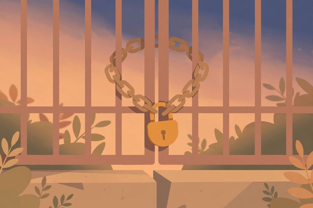 Portão trancado com cadeado e corrente, em close, ao entardecer.