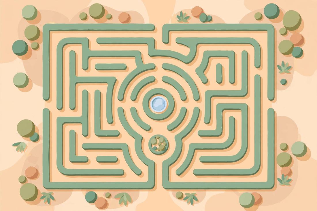 Caminho de jardim em labirinto, visto de cima.