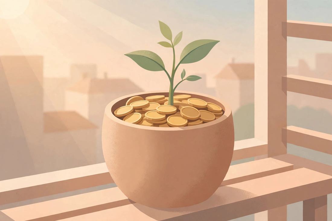 Planta pequena crescendo em um vaso com moedas, na varanda, de manhã.