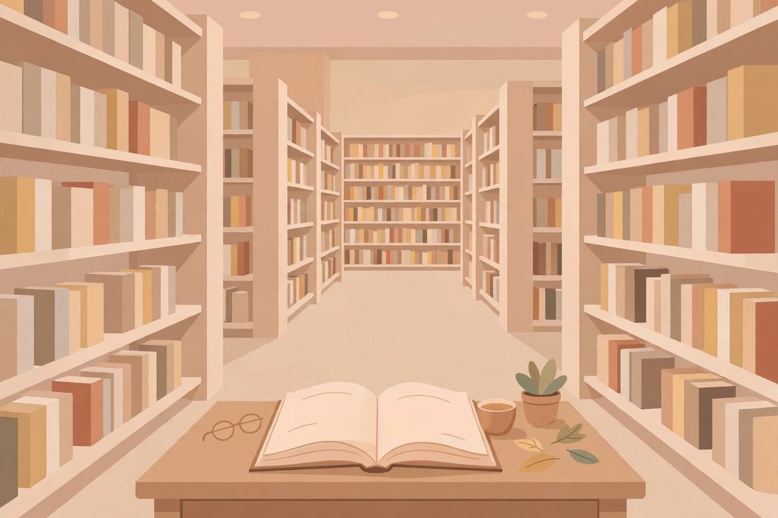 Livro aberto sobre uma mesa de leitura em uma biblioteca, vista pelo corredor de estantes.