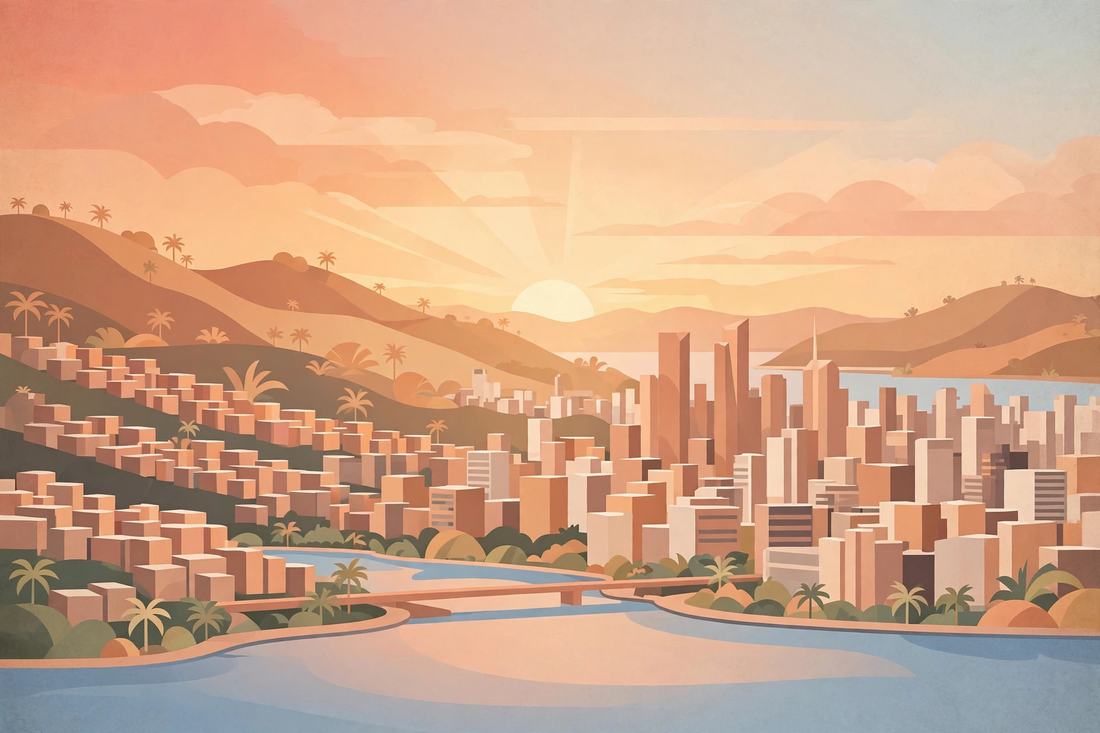 Nascer do sol sobre o horizonte de uma cidade brasileira, vista ampla.